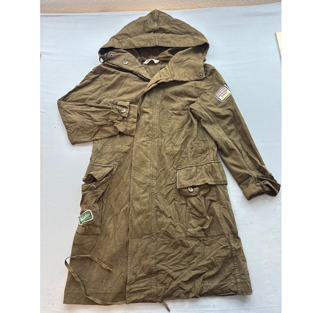 Zara Basic Z1975 Denim Long Hooded Parka Jacket Olive Green Utility Patch Small